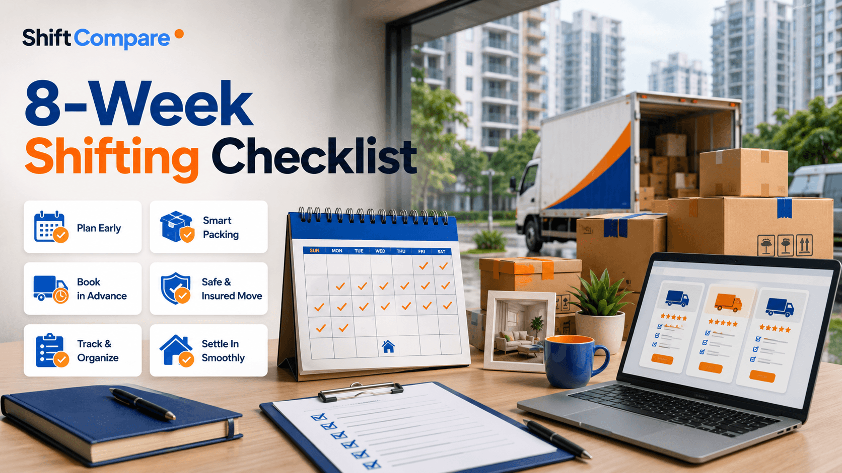 8 week moving checklist timeline for quotes, packing, address updates and move day inspection
